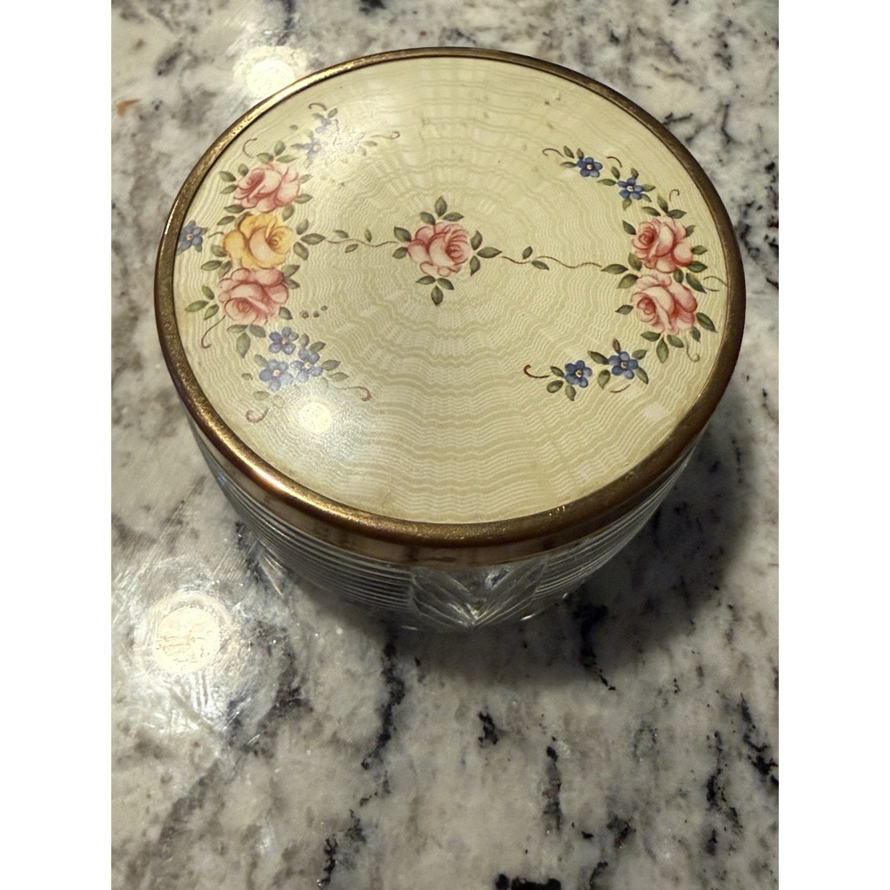 Vintage Art Deco Glass Vanity Cosmetic Makeup Jar Floral‎ Lid Floral Pattern